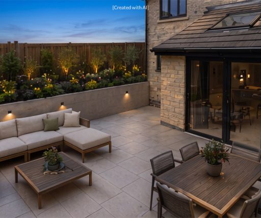 garden at night with outdoor seating