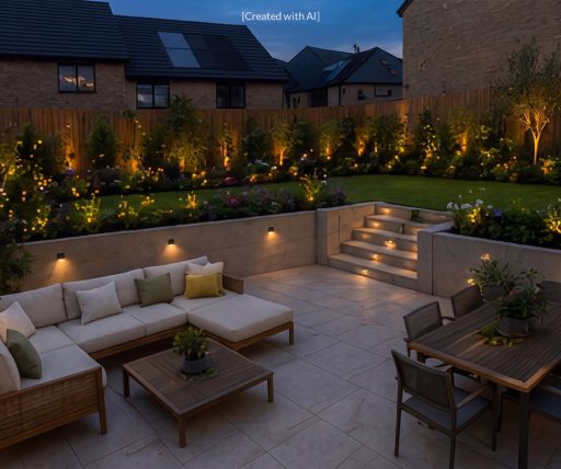 garden at night with outdoor lighting