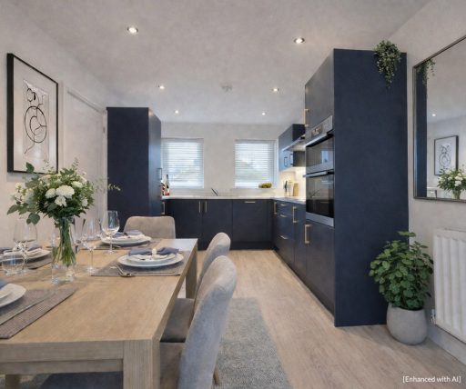 open plan navy kitchen diner