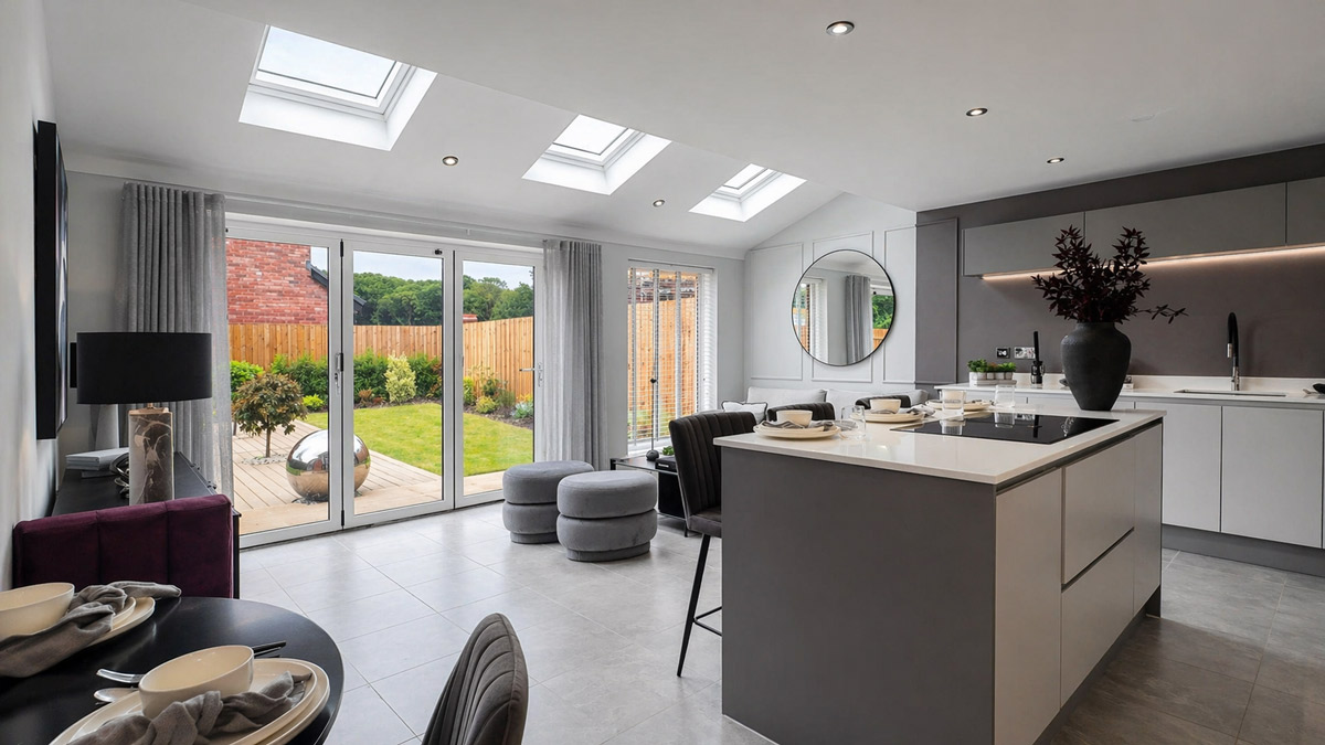 open plan kitchen with bifold doors
